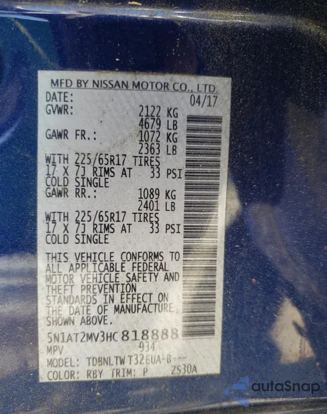 2017 Nissan Rogue Sv from USA, damaged, VIN 5N1AT2MV3HC818888